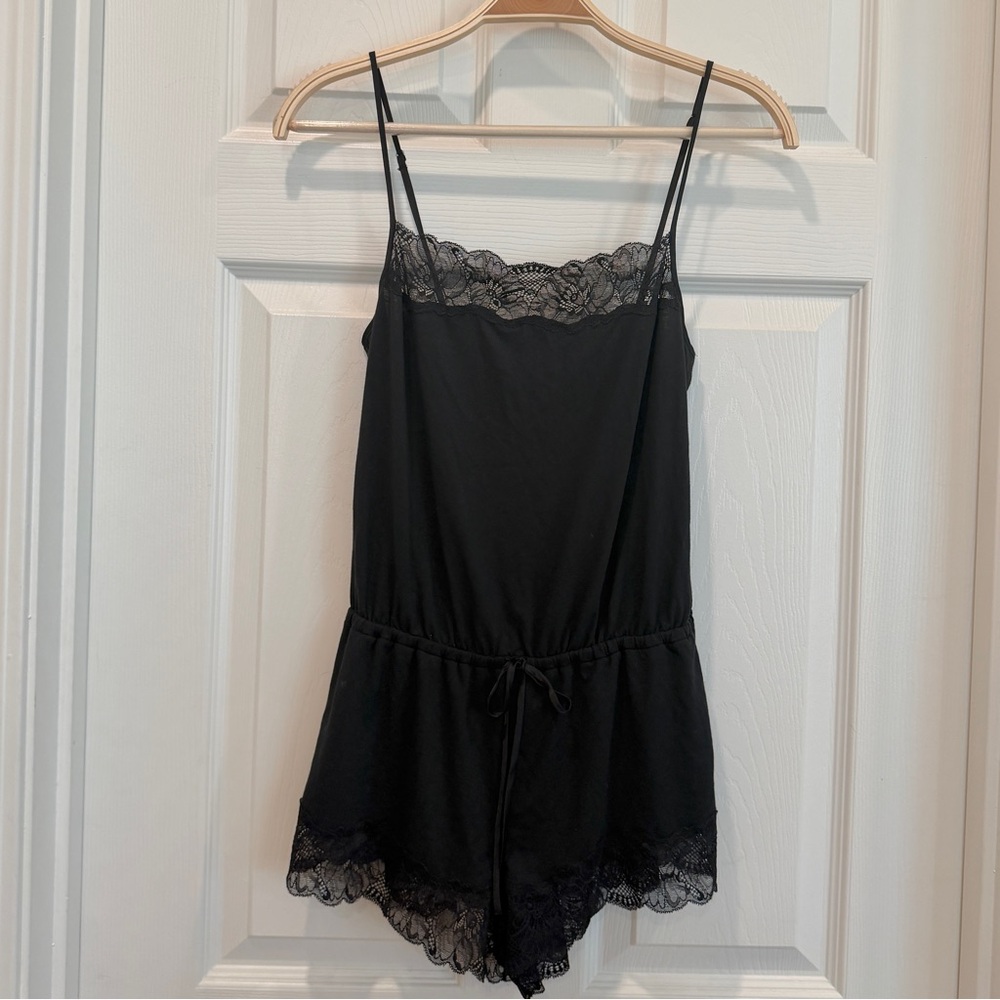 🖤 Victoria’s Secret Black Heavenly Modal Lace Trim Square Neck Romper XS - Picture 4 of 9